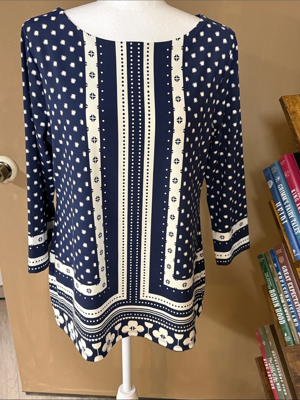 Charter Club Navy and Off White Border-Print Top